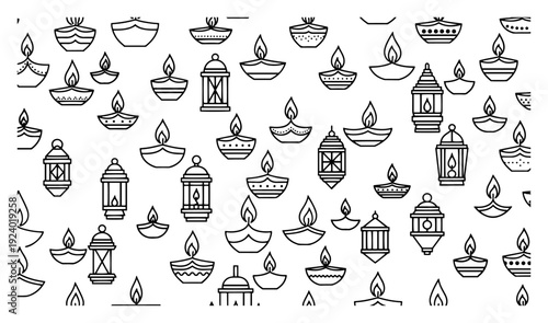 Linear seamless pattern featuring traditional outline diya oil lamps and lanterns for diwali festival