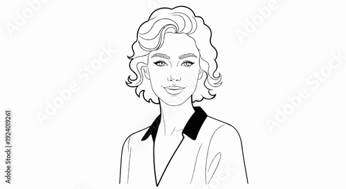 Stylized line art portrait of a smiling woman with short, curly hair