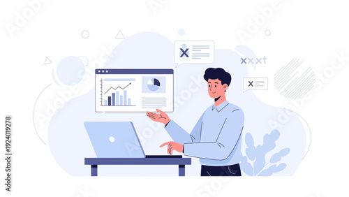 Man working on laptop with data analytics charts and graphs