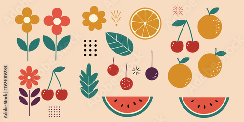 Colorful illustration of various fruits and flowers on a peach background