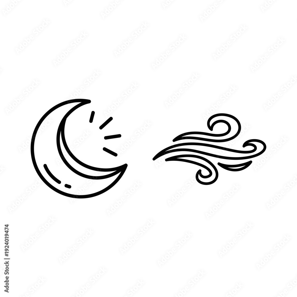 Fototapeta premium Charming doodle icons of a crescent moon with rays and swirling wind, evoking nighttime, weather, and gentle natural elements.