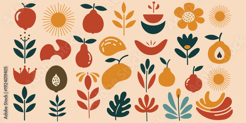 Vibrant illustration of various fruits and flowers in a colorful artistic pattern