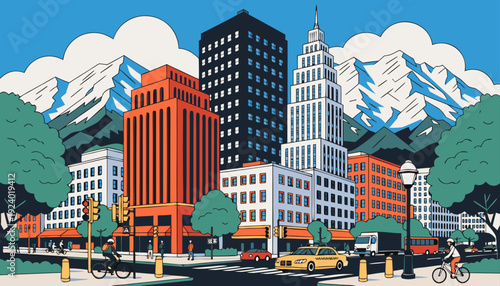 Very beautiful downtown Los Angeles with distant snow capped mountains creating a striking contrast between modern skyscrapers and serene natural backdrops in Southern California.
