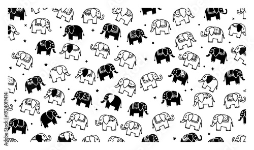 Seamless background pattern with cute decorated elephants in black and white style