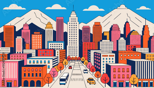 Very beautiful downtown Los Angeles with distant snow capped mountains creating a striking contrast between modern skyscrapers and serene natural backdrops in Southern California.
