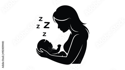 Mother holding sleeping baby in her arms serene silhouette illustration with gentle sleepy atmosphere and soft white background