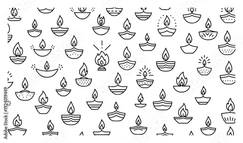 Seamless pattern displaying linear diya oil lamps for diwali festival