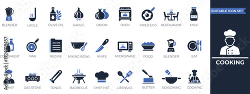 Cooking icon set. containing chef, eat, stove, pan, recipe, restaurant, ingredients, and oven icons. Editable vector icon collection.