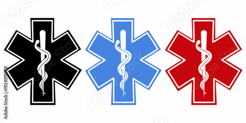 Three star of life symbols in black blue and red colors