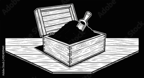 Wooden crate overflowing with dark soil, a scoop resting inside