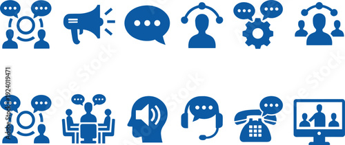 Blue communication and collaboration icons set featuring teamwork, messaging, customer support, meetings, announcements, networking, and digital connectivity concepts