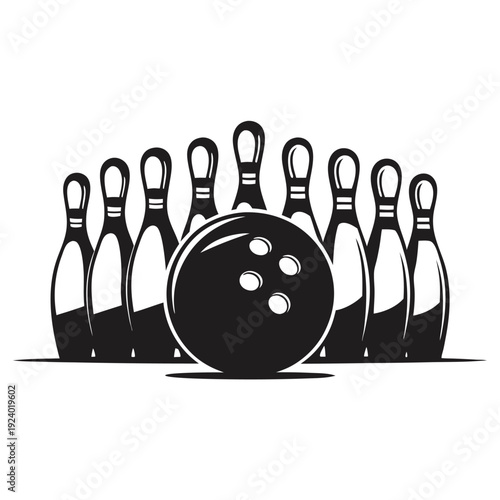 A bowling ball is sitting in front of the bowling pins with shining stars