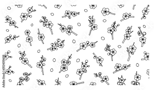 Seamless pattern with blooming plum blossom branches in black and white line art
