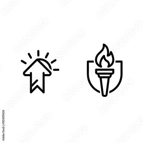 Motivational icons: an upward arrow with a rising sun and a flaming torch on a shield, symbolizing progress, light, and legacy.