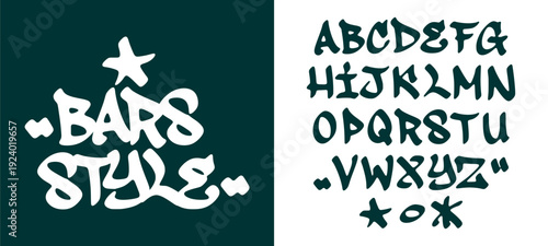 Bars Style Graffiti Alphabet Set. Bold White Urban Lettering Collection with Gritty Texture and Star Element for Streetwear Design.
