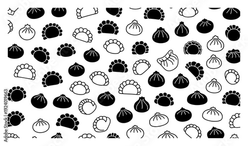 Seamless background pattern featuring various chinese dumplings and dim sum icons
