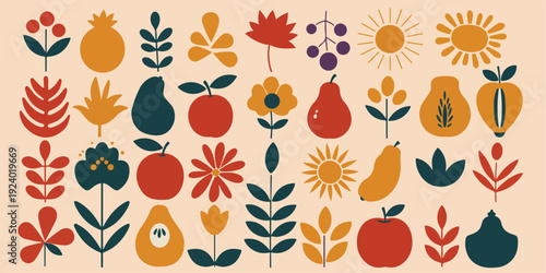 Vibrant illustration of various fruits flowers and plants on a soft background