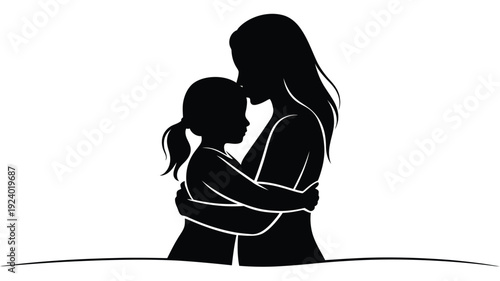 Mother and child embracing in silhouette showing love and affection in a simple black and white illustration