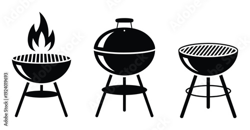 Three Black Barbecue Grills with Flames, Isolated on White Background