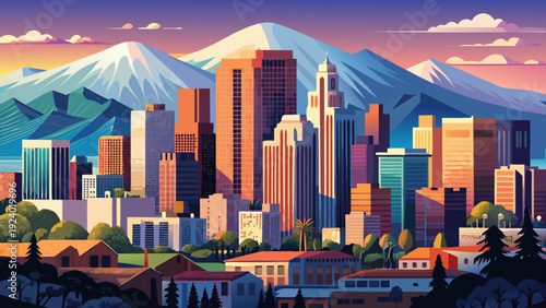 Very beautiful downtown Los Angeles with distant snow capped mountains creating a striking contrast between modern skyscrapers and serene natural backdrops in Southern California.
