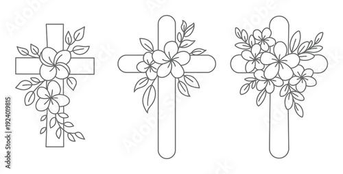 Three floral crosses, religious symbols with delicate flower and leaf embellishments
