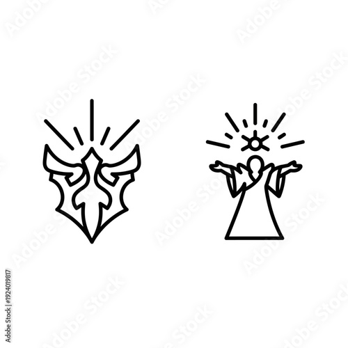 Set of two abstract outline icons: 'Halorynth Lumicrest' a radiant crest shape and 'Halorynth Lightbound' a figure reaching towards a glowing sun.
