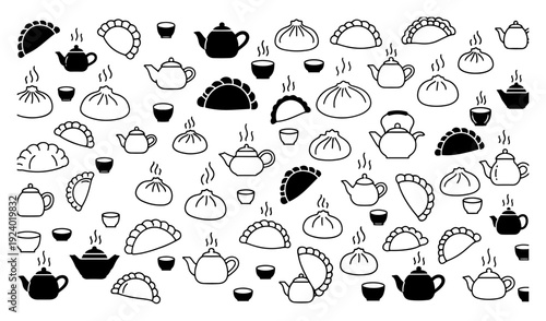 Seamless pattern with asian dumplings and teapots for dim sum menu