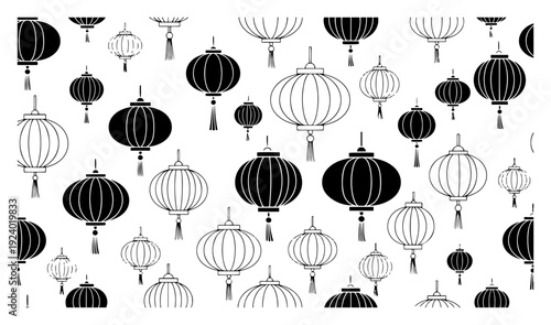 Seamless background pattern featuring mixed chinese paper lanterns in black and white