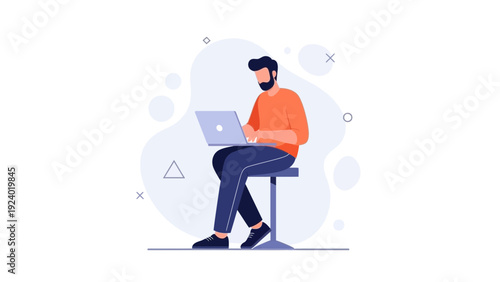 Man working on laptop, modern casual office, remote work, flat design illustration