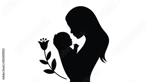 Mother and child silhouette tenderly embracing with flower symbolizing love care and nurturing bond between parent and infant in a simple minimalist design