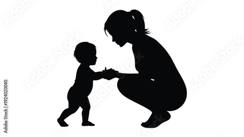 Silhouette of mother and toddler holding hands crouching down black outline on white background parent and child bonding