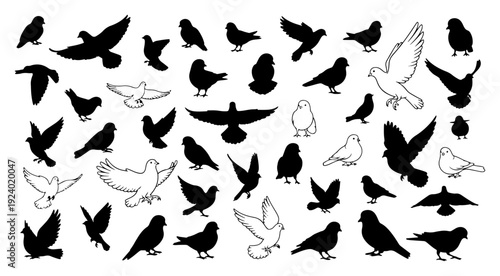 Seamless pattern featuring flying and sitting doves in silhouette and outline style