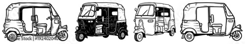Set of traditional indian auto rickshaw taxis in sketch style