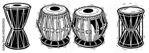Hand drawn sketch of traditional indian musical instruments tabla and dholak drums