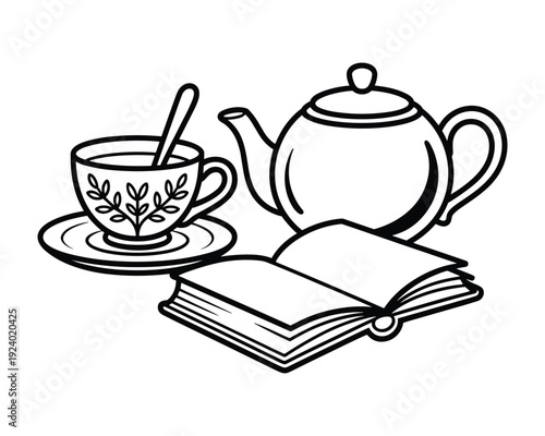 A simple line drawing of a tea set with an open book and spoon on a saucer
