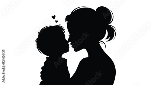 Mother and child sharing a tender kiss with hearts love and affection in a black silhouette