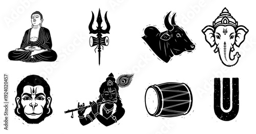 Collection of hindu gods and religious spiritual symbols sketch illustration set
