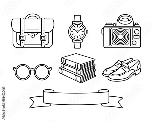 Collection of classic gentlemans accessories and retro items depicted in a clean line art style