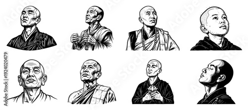 Hand drawn collection of buddhist monk portraits in engraving style