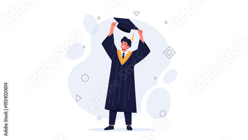 Happy Graduate Holding Cap in Air, Celebration of Graduation, Education Achievement