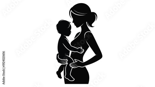 Mother holding baby close in loving embrace silhouette style white background symbolizing parenthood and care