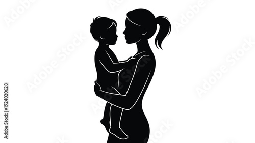 Silhouette of mother holding baby close face to face love and care family bonding tender moment black outline on white background