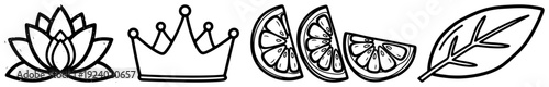 Hand drawn decorative icons including lotus flower crown and lemon slices