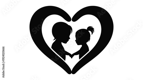 Heart shaped silhouette of two children facing each other in love and friendship