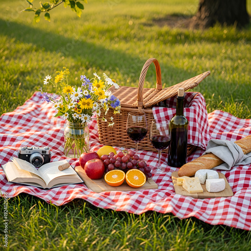 Picnic setup with wicker basket, fresh food and drinks on red and white checkered blanket in green grass , Vibrant Picnic Basket with Fresh Fruits and Lemons in a Rustic Outdoor Setting, Picnic bask

