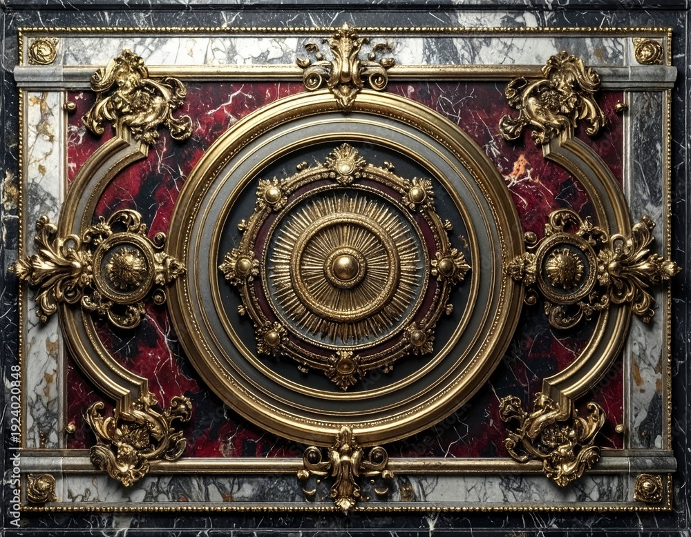 Obraz premium Imperial Baroque Gold Medallion on Burgundy and Black Marble, Antique Palace Ceiling Ornament with Classical Frame