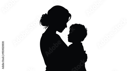 Mother and child silhouette tender moment love and care black and white illustration emotional bond parenting family intimacy gentle embrace