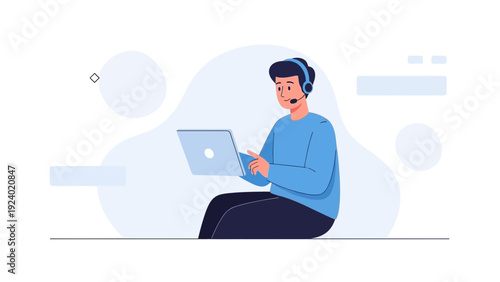 Man with headset working on laptop, customer support, remote work, vector illustration