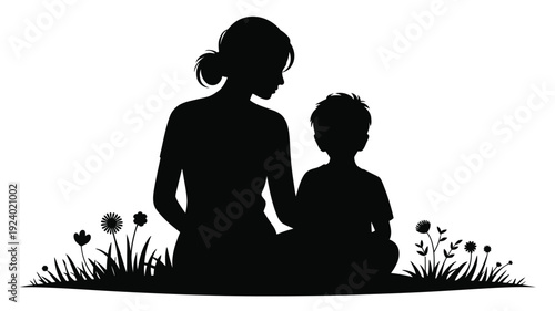 Mother and child sitting together in a field of flowers silhouetted against a white background conveying love and connection