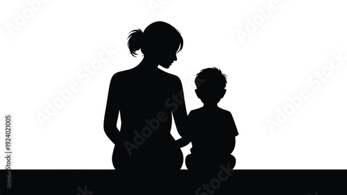 Silhouette of mother and child sitting together looking ahead black against white background symbolizing love and connection